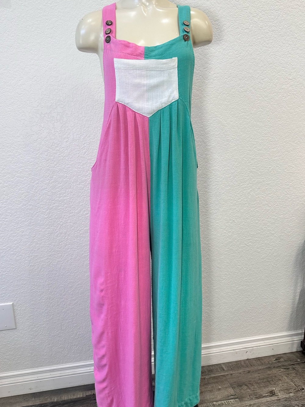 BiBi Pink & Teal Colorblock One-Piece Romper Overalls with White Chest Pocket